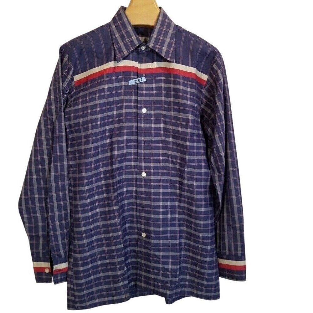 Vintage 80s Carl Michaels Men Dress Shirt M Blue Plaid Button Up